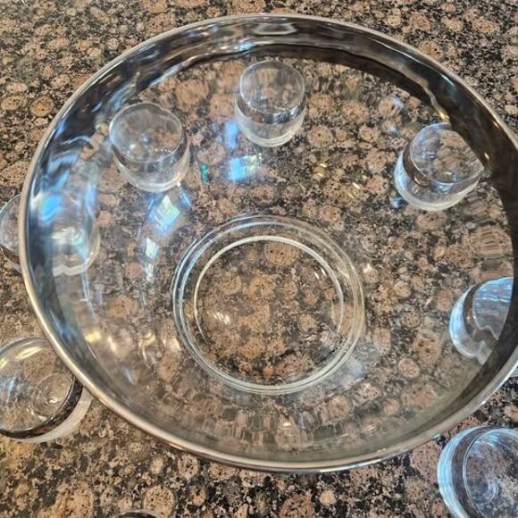 MCM Dorothy Thorpe Silver Band Punch Bowl and 9 Matching Roly Poly Glasses - Picture 2 of 8